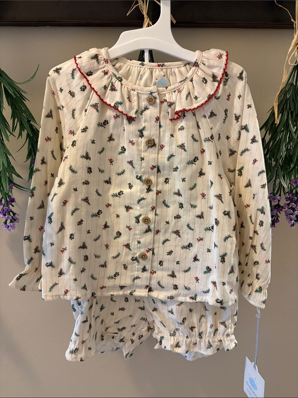 Off-White Girls Floral Ruffle-Trim Pajama Set - Cream with Green & Pink